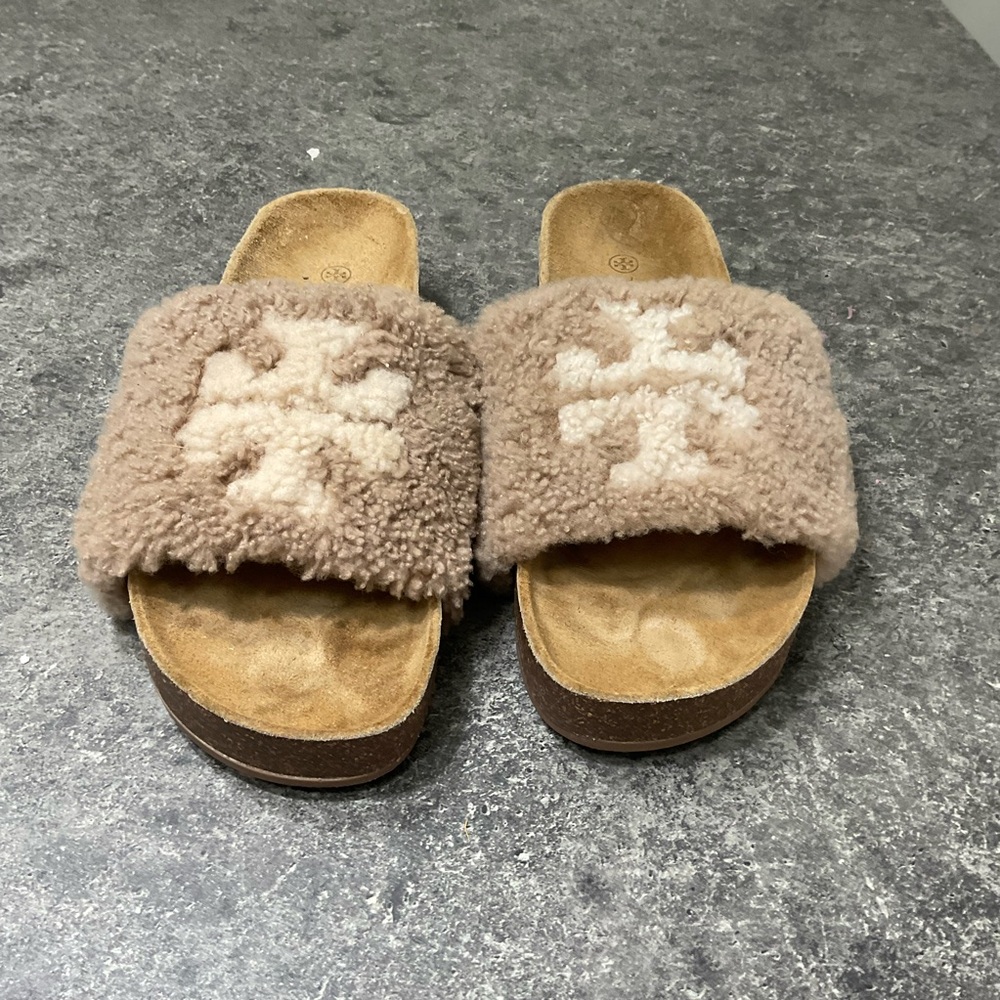 Tory Burch Tan Shearling Slide Loafers
